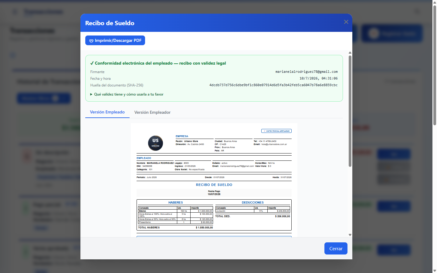 Recibo de sueldo que autocompleta horas, extras, beneficios y descuentos en BizzKore