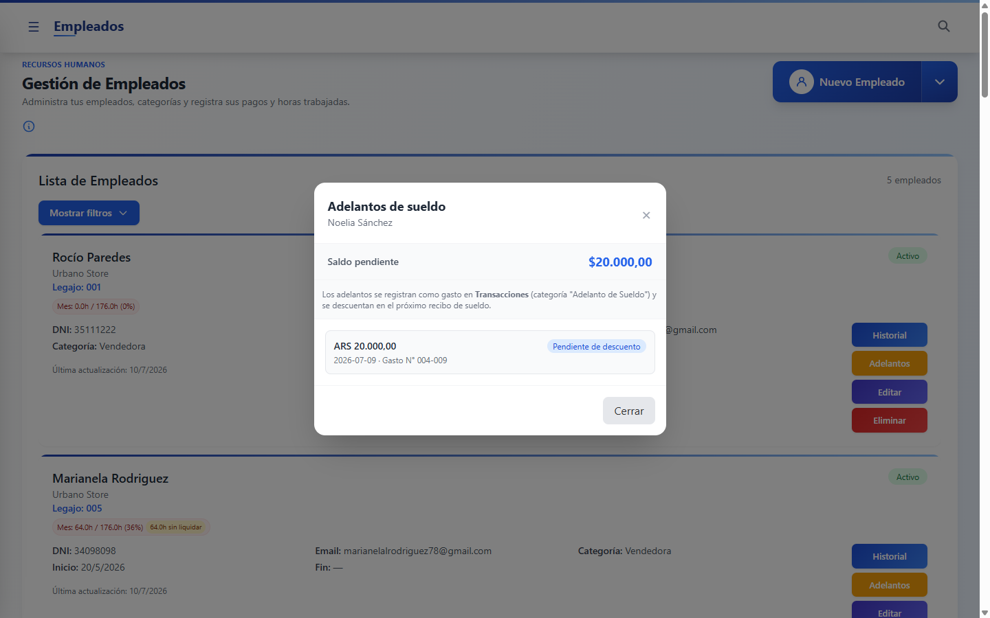 Adelantos de sueldo por empleado con descuento automático en el recibo en BizzKore
