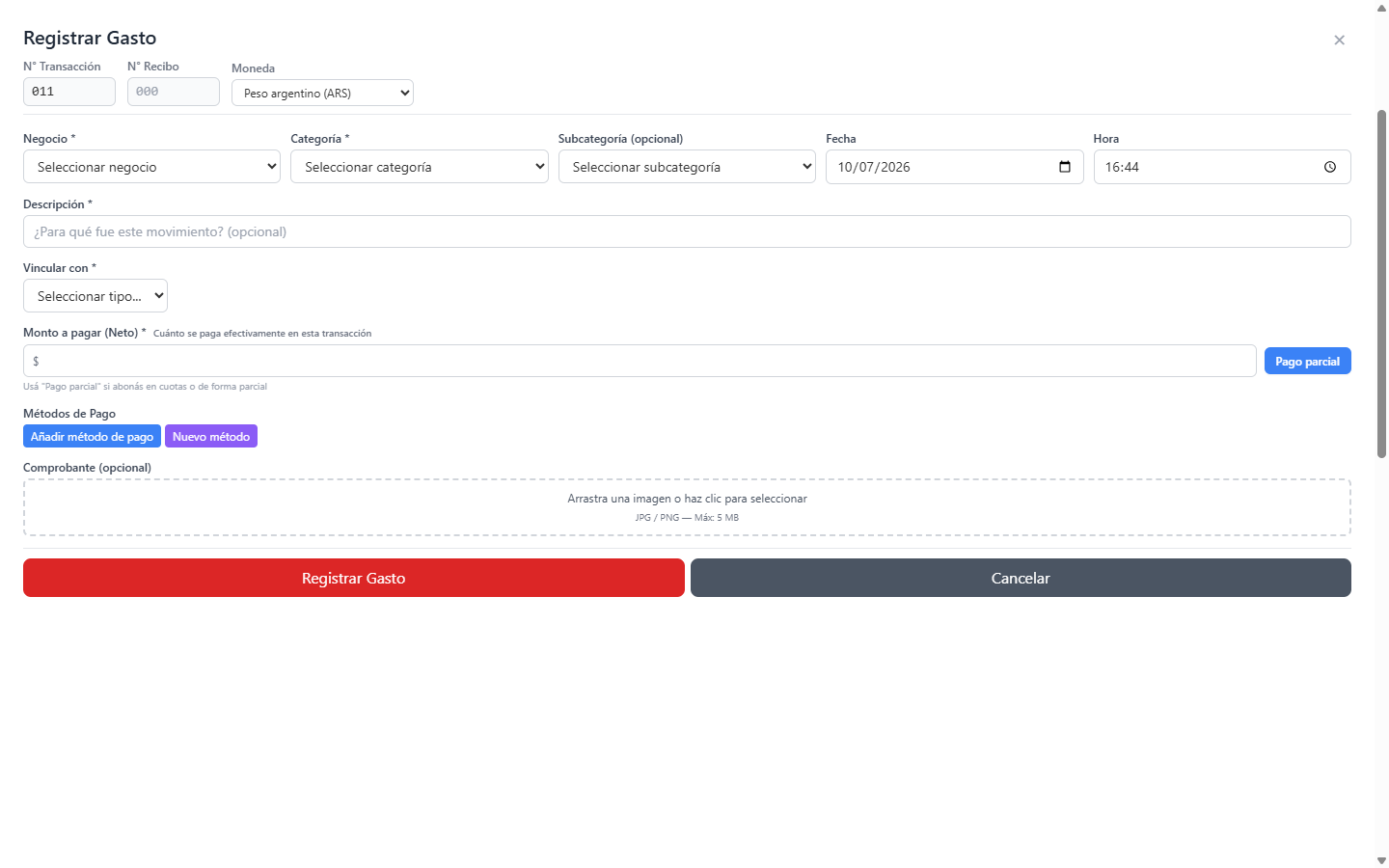 Categorías de gastos personalizables y comprobantes adjuntos en BizzKore