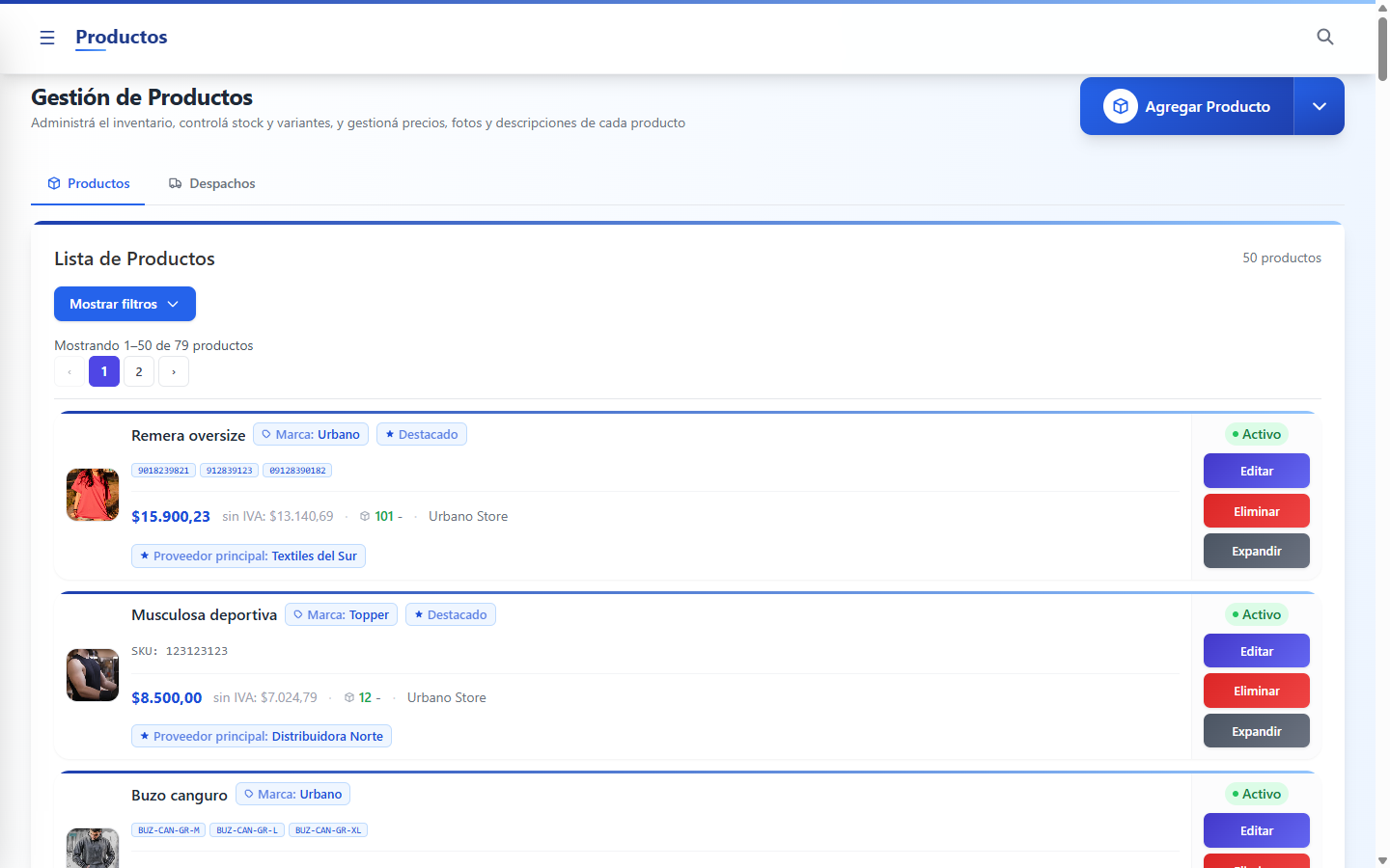 Listado de productos con variantes y stock por negocio en BizzKore