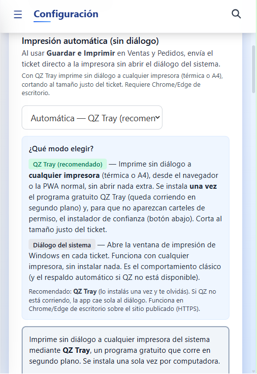 Vinculación de impresora con QZ Tray en la configuración de BizzKore