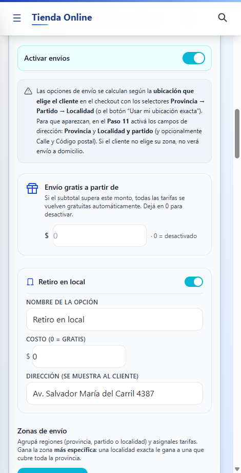 Opciones de envío por zona y checkout configurable en la tienda de BizzKore